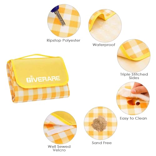 Picnic Beach Blanket Extra Large, 99x60in XL Sandproof Waterproof Outdoor Camping Blankets, Sand Free Oversized Mat, Quick Drying Portable Mats for Travel, Hiking, Music Festival, Lawn-Yellow - color: Yellow, size: 5' x 8'3"