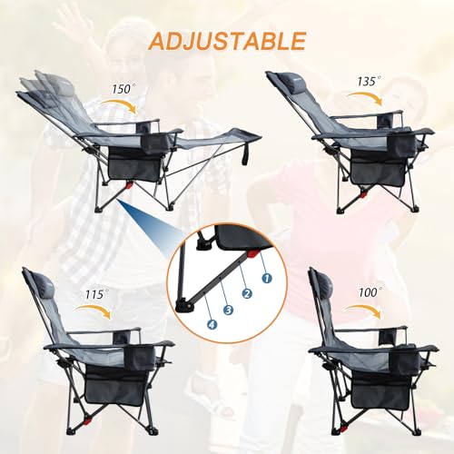 Reclining Camping Chair with Removable Footrest Lounge Chair with Headrest, Cotton Cushion, Portable Adjustable Folding Chairs - color: Gery, size: 2 pack