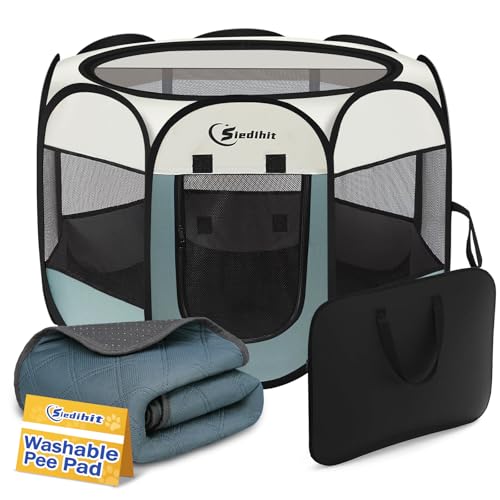 Siedihit Dog Playpen with Washable Pee Pad, Puppy Pet Cat Playpen Small Dogs Tent Crate Indoor/Outdoor, Portable Pop Up Kennel with Carrying Case for Cats/Rabbits(Grey,Small with pad) - color: Grey with Pad