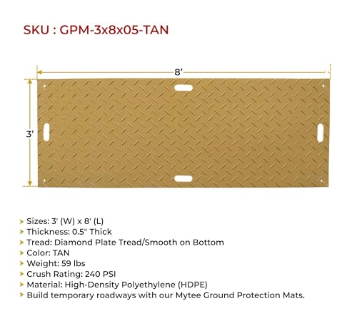 Mytee Products 10 Pk 3' x 8' - 1/2" Thick Heavy Duty Tan Ground Protection Mats with Diamond Plated Tread - Easily Supports 90 Ton Loads - HDPE Construction Mat for Equipment Lawns Landscapers - color: Tan, size: 3 x 8 Feet, style: 10 - Pack