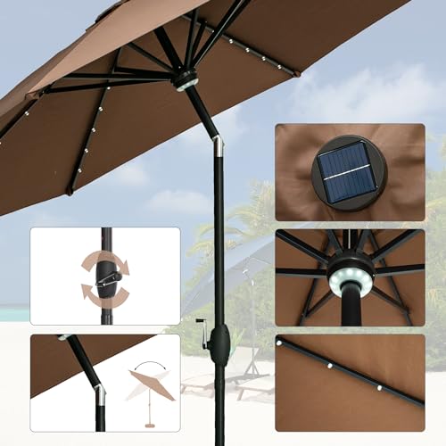 GDY 10Ft Patio Umbrella, Table Umbrella with 40 LED Lights, Outdoor Umbrellas for Patio, with Tilt and Crank, Center Light, for Garden, Deck, Backyard, Pool, and Beach. - color: Coffee