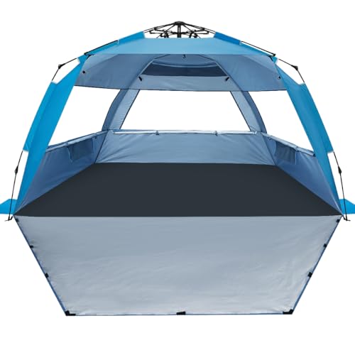WhiteFang Deluxe Pop Up Beach Tent Sun Shade Shelter for 3-4/5-6 Person, UV Protection, Extendable Floor with 3 Ventilating Windows Plus Carrying Bag, Stakes, and Guy Lines - color: Solid Blue, size: X-Large