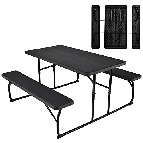 Giantex Folding Picnic Table Bench Set, Outdoor Dining Table Set, Large Camping Table for Patio Deck Lawn Garden Backyard Poolside, Portable Picnic Tables, Weather Resistant Metal Frame, Black - color: Black