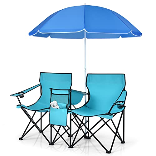 LUARANE Folding Double Camping Chair, Outdoor Picnic Chairs w/Removable Umbrella, Mini Table, Cup Holder & Carrying Bag, Portable Camping Loveseat for Patio, Pool, Lawn, Beach, Park (Turquoise) - color: Turquoise