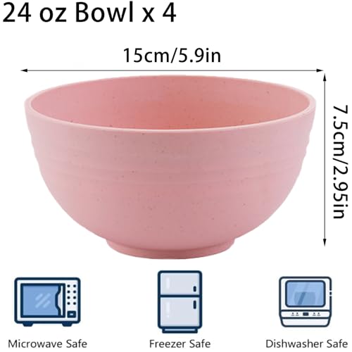 Unbreakable Wheat Straw Cereal Bowls Set of 4, 24 OZ Microwave and Dishwasher Safe Lightweight Soup and Salad Bowl Sets, Reusable Dessert Bowls for Rice, Pasta, Snack, Fruit, BPA Free (Pink) - color: Pink