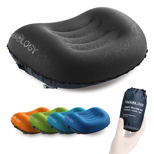 TREKOLOGY Ultralight Inflatable Camping Travel Pillow - ALUFT 2.0 Compressible, Compact, Comfortable, Ergonomic Inflating Pillows for Neck & Lumbar Support While Camp, Hiking, Backpacking - color: Black