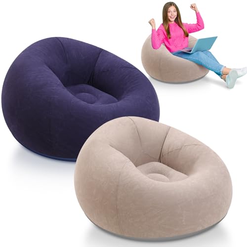 Lunmon 2 Pcs Small Bean Bag Chair Inflatable Chair Blow up Games Sofa Foldable Flocking Inflatable Lazy Sofa Portable Blow up Lounger for Living Room Bedroom (Brown,Blue) - color: Brown,blue