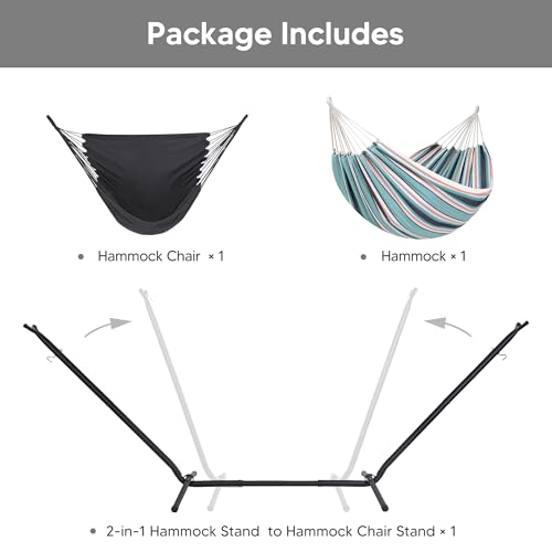 SUNCREAT 2-in-1 Convertible Backyard Fabric Hammock with Stand, Large Hammocks for Outside, Green & Orange - color: A-green & Orange