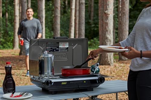 Coleman Tabletop 2-in-1 Grill & Stove with 2 Adjustable Burners, Propane Grill/Stove with Push-Button Starter, Wind Guards, Grease Tray, & 20,000 BTUs of Power for Camping, Tailgating, & More - color: Silver, style: PFAS-Free
