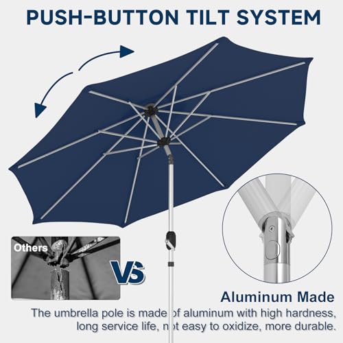 9FT Aluminum Outdoor Patio Umbrella, Fade-Resistant Market Umbrella with Push Button Tilt Function, 8 Sturdy All-Aluminum Ribs for Gardens, Patios, Backyards & Pools - color: Navy Blue, size: 9FT-1Tier (Aluminum Umbrella)