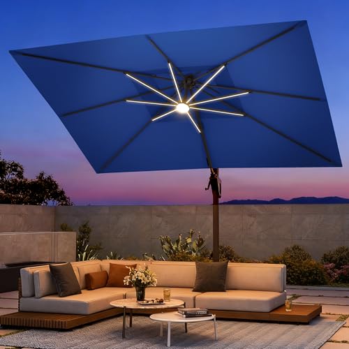9 X 12 FT Cantilever Patio Umbrella with Led Lights and Base Included Heavy Duty Outdoor Double Top Large Rectangle Offset Umbrellas with 360-degree Rotation for Garden Pool Deck Backyard, Navy - color: Navy, size: 9' X 12'- Weighted Base Included(LED)
