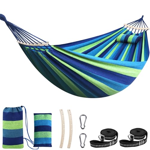 Chihee Cotton Hammock Holds Up to 660lbs Fabric Hammock 8.9x4.9ft Soft Portable Tree Hammocks Camping with Detachable Spreader Bar Pillow 2 Strong Webbings 2 Carabiners Indoor Outdoor Backyard Garden - color: Blue/Green Stripes, size: 270x150cm