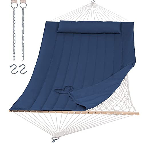 SUNCREAT Hammocks Outdoor Double Hammock with Hardwood Spreader Bar, 475 lbs Capacity, Heavy Duty 15 FT Hammock with Large Soft Pillow, Dark Blue - color: Dark Blue
