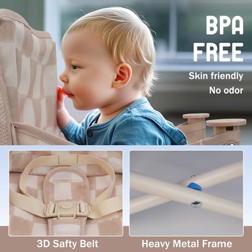 Tiny Marvels 3-in-1 Portable Baby Chair, Foldable Booster Seat with Removable Tray, Safety Harness & Carry Bag for Dining, Travel, Camping, Beach, 6M-3Y (Sand Checker) - color: Sand Checker