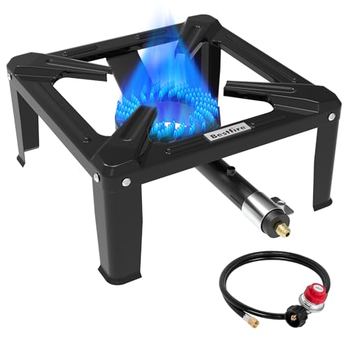 Bestfire High Pressure Propane Burner, 260000 BTU Single Propane Stove with 4.1ft 0-20Psi Adjustable Hose with Regulator, 16" Square Steel Cooktop for Camping - color: 16" propane burner