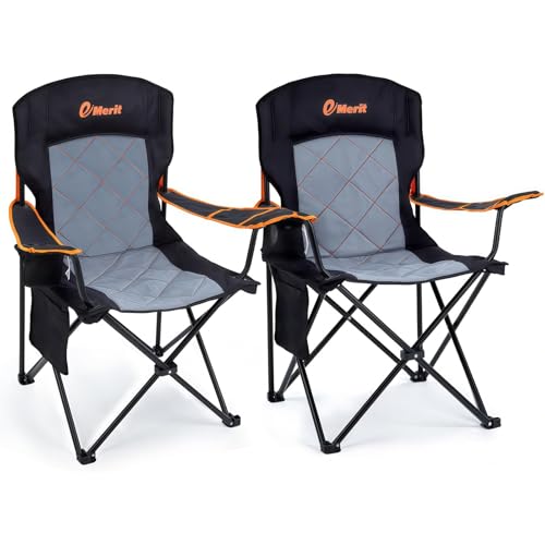 EMERIT 2 Pack Oversized Padded Camping Chair, 350LB Heavy Duty Quad Fold Chair with Arms, Collapsible Outdoor Chairs with Lumbar Back & Cup Holder - color: Black(twin Pack)