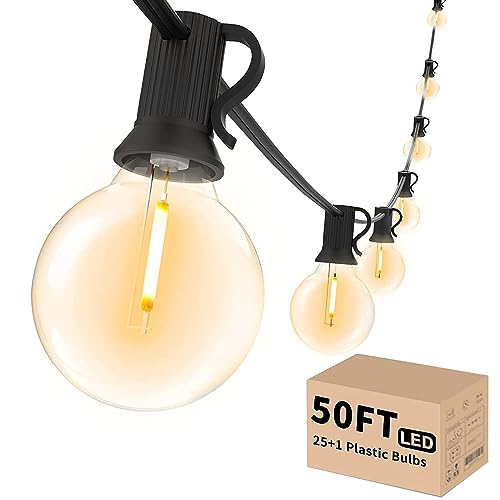 Svater Outdoor String Lights 50 FT, Patio LED Lights Outside with 26pcs Bulbs, Waterproof Shatterproof Hanging Globe Light Connectable for Bistro Cafe Backyard Balcony Warm White - size: 50ft