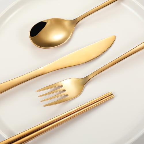 Travel cutlery set, 18/8 stainless steel cutlery, Reusable utensils set with case, Portable Silverware Lunch Box for Camping and Office-Stainless steel - color: Gold