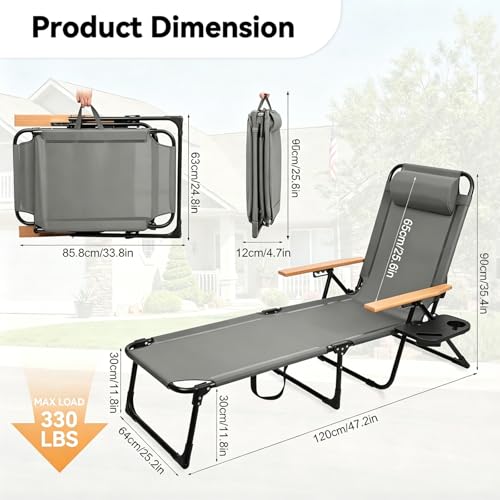 Foldable Chaise Lounge Chair Outdoor, Tanning Chair with 4-Position Reclining Back, Folding Sun Lounger, Outdoor Lounge Chair for Beach, Poolside, Backyard, Camping, UPF 50 - color: Grey3