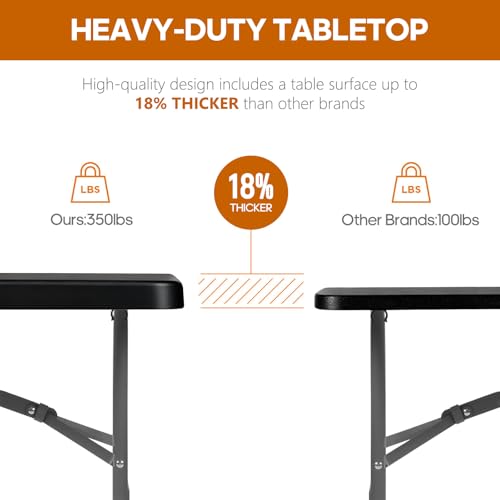 5ft Folding Table Heavy Duty 350 LBS Capacity Foldable Table with 18% Thicker HDPE Waterproof Top & Reinforced Steel Frame, Portable Fold-in-Half Table for Outdoor Indoor Party Wedding Camping - color: Black, size: 5Ft