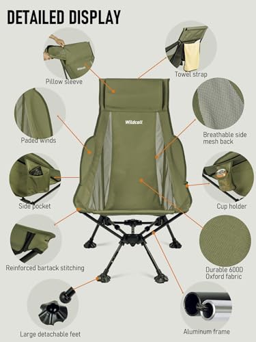 WildCall Lightweight Folding High Back Camping Chair with Head Support, Compact Beach Chair with Anti-Sinking Large Feet and Three Tilt Angles Adjustment - color: 1 X Green High Back