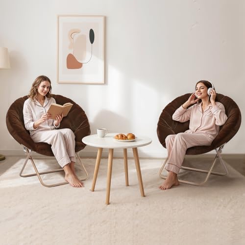 MoNiBloom Round Folding Faux Fur Saucer Chair for Bedroom Living Room Dorm Foldable Metal Frame Oversized Large Comfy Furry Padded Soft Lounge Lazy Cozy Moon Chair for Adults (Brown, 2 Pieces) - color: Brown
