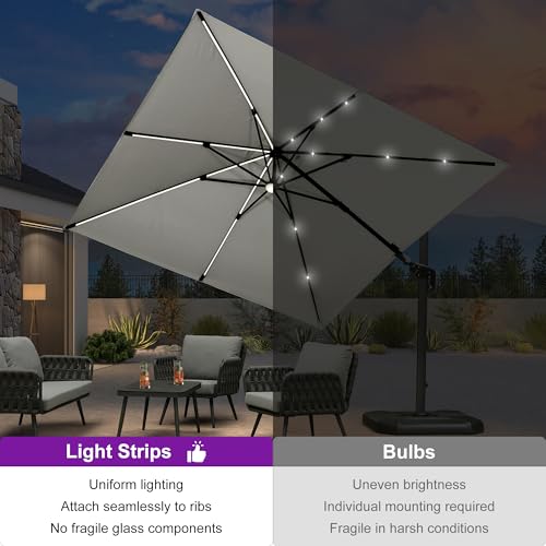PURPLE LEAF 10 Feet Patio Umbrella Outdoor Cantilever Solar Powered LED Swivel Square Umbrella Aluminum Offset Umbrella with 360-degree Rotation for Garden Deck Pool Patio White - color: White, size: 10' X 10', style: Left-right Tilt（LED）
