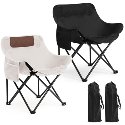 2 Pack Compact Camping Chairs Portable Folding for Outside with Carry Bag Lightweight Moon Chairs for Travel Picnic Hiking Beach Fishing, 600D Oxford, Supports 330lbs(White, Black) - color: White, Black