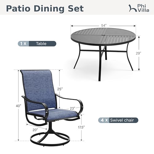 PHI VILLA 7 Piece Outdoor Patio Dining Set with 6 Swivel Dining Chairs & 1 Large Round Dining Table, Blue Textilene Mesh Fabric Chair and 54" Metal Table for All Weather - color: Blue Fabric, size: 54" Dia x 28"H-7 Piece-Metal