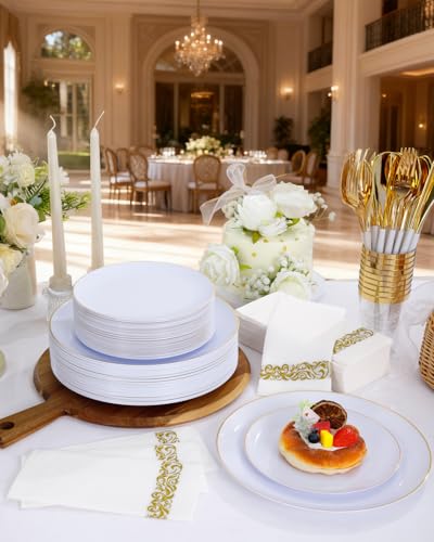 Supernal 350pcs Gold Plastic Dinnerware Set for 50 Guests,Fancy Disposable Plates for Party,Gold Plastic Silverware with White Handle,Disposable White Plates Wedding,Birthday - color: 350pcs White and Gold Plastic Dinnerware Set