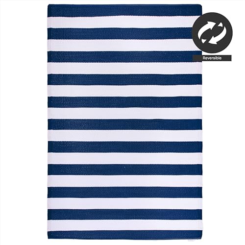 FH Home Outdoor Rug - Waterproof, Fade Resistant, Reversible - Premium Recycled Plastic - Striped - Porch, Deck, Balcony, Mudroom, Laundry Room, Patio - Brittany - Blue & White Crease Free - 3 x 5 ft - color: Brittany - Blue & White, size: 3' x 5' (Rectan