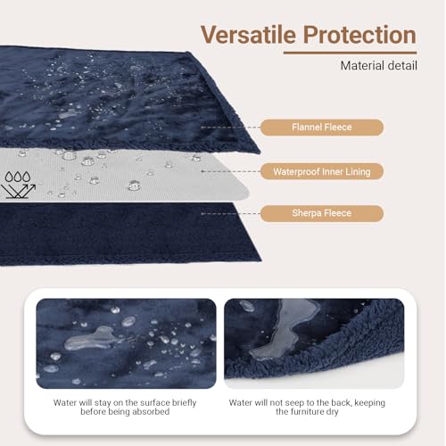 Waterproof Dog Blanket for Large Dogs - Reversible Washable Pet Blanket, Soft Sherpa Fleece Furniture Protector, Cat Throw Bed Couch, Navy, 60"x80" - color: Navy, size: 60x80 Inch