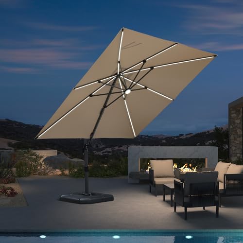 PURPLE LEAF 10 Feet Patio Umbrella Outdoor Cantilever Solar Powered LED Square Umbrella Aluminum Offset Umbrella with 360-degree Rotation for Garden Deck Pool Patio, Beige - color: Beige, size: 10' X 10', style: Standard（LED）
