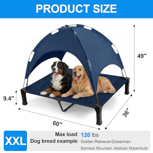 Elevated Dog Bed with Canopy Raised Pet Cot for Large Dogs, Outdoor Dog Cot with Removable Sun Shade Tent, Breathable Mesh Portable Dogs Cot for Camping, Beach, Backyard, Outdoor Use - color: Blue, size: 60"L x 36"W x 49"H