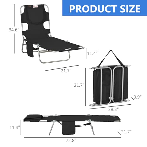 Majnesvon Folding Beach Lounge Chair with Face Hole and Arm Slots, 5-Level Adjustable Sun Lounger Tanning Chair with Pillow for Patio, Garden, Beach, Pool (Black) - color: Black