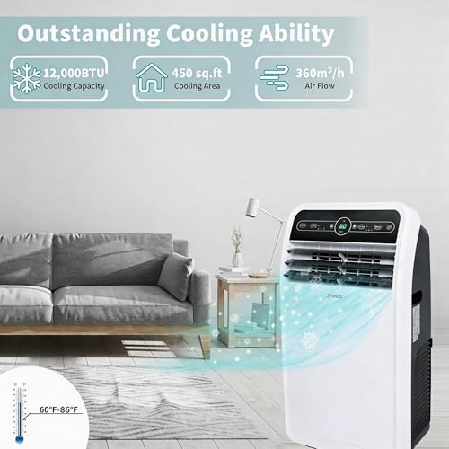 Shinco 12,000 BTU Portable Air Conditioner, Portable AC Unit with Built-in Cool, Dehumidifier&Fan Modes for Room up to 400 sq.ft, Room Air Conditioner with Remote Control, 24 Hour Timer - color: SPF1-White-Auto Evapotation System, size: 12000 BTU