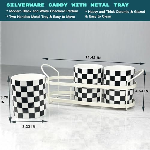 Silverware Caddy Countertop, Utensil Caddy For Party, Cutlery Flatware Organizer Storage, Spoon Fork Holder Basket for Parties Kitchen Coffee Bar Picnic Buffe-Ceramics Black and White Checkered