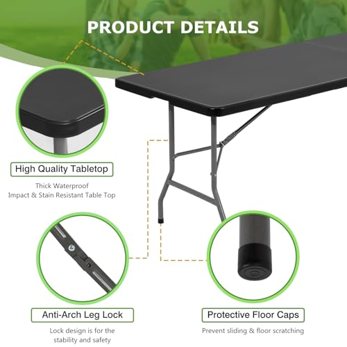 BestOffice 8 FT Picnic Table Folding Table Camping Plastic Table Fold Up Table Lock for Party Event, Black - color: Black, size: 8 FT 29"x94"