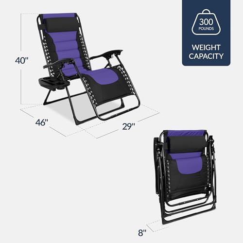 Best Choice Products Oversized Padded Zero Gravity Chair, Folding Outdoor Patio Recliner, XL Anti Gravity Lounger for Backyard w/Headrest, Cup Holder, Side Tray, Polyester Mesh - Black/Purple - color: Black/Purple
