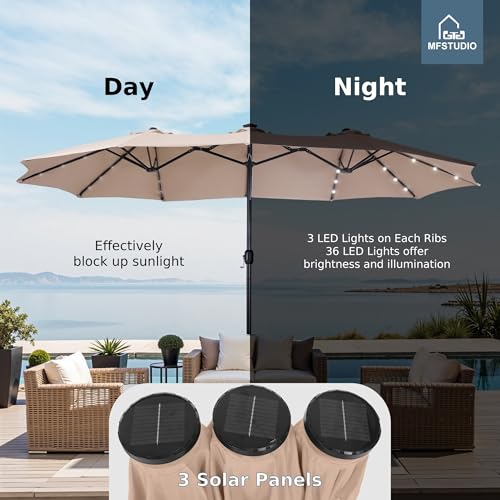 MFSTUDIO 15ft Double Sided Patio Umbrella with Solar Lights, Outdoor Large Umbrellas with Crank Handle and 36 LED Lights, Rectangular Market Umbrella with Base Included for Deck Pool Shade, Beige - color: Beige
