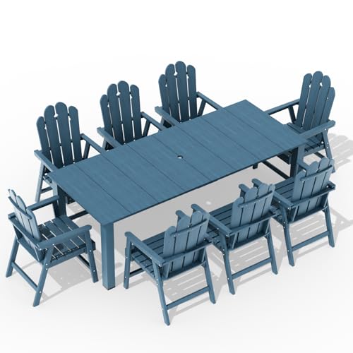 9-Piece Patio Dining Set, Outdoor Dining Set for 8, Large HDPE All-Weather Outdoor Furniture with 89.57” Umbrella Hole Table, 8 Armchairs, Navy - color: Navy, size: 8 Armchairs
