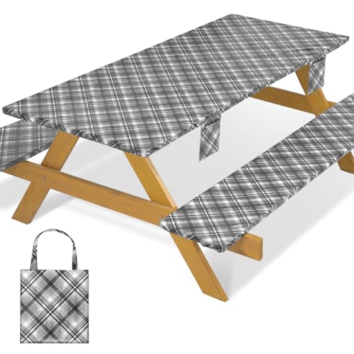 Fitted Waterproof Picnic Table Cover with Bench Covers Heavy Duty Elastic Outdoor Camping Tablecloth for 8 Foot Rectangle Tables Summer Rv Accessories Patio Garden Road Trip Essentials Gifts - color: Black and White Lines, size: 96" x 30" (Rectangular)