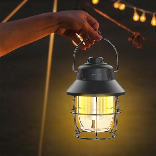 JINIU Rechargeable LED Camping Lantern, Mini Retro Portable Waterproof Lantern, 1000LM, 3 Light Modes (2700-6500K) Stepless Dimming Brightness, Hanging Tent Light for Camping, Power Outages - style: Black