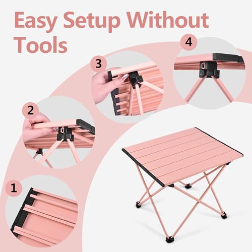 Grope Portable Camping Table with Aluminum Table Top, Folding Beach Table Easy to Carry, Prefect for Outdoor, Picnic, BBQ, Cooking, Festival, Beach, Home (Pink-L) - color: Pink, size: Large