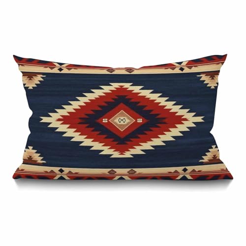 Smooffly Vintage Southwest American Throw Pillow Case Waist Lumbar Cotton Linen Throw Pillow case Cushion Cover for Sofa Home Decorative Oblong 12x20 Inches Blue Red - color: Swn25