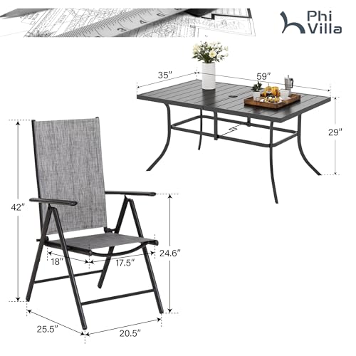 PHI VILLA Patio Dining Set for 6, Outdoor Dining Table and Chairs Furniture Set with Adjustable Foldable Patio Dining Chairs (Gray) & Metal Steel Table for Garden - color: Grey, size: 7 Piece