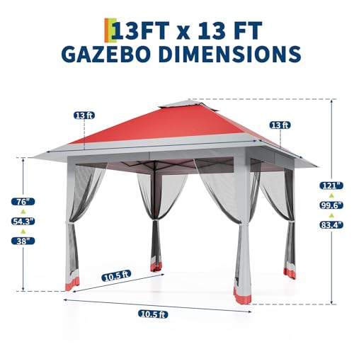 13X13 Pop Up Gazebo,Outdoor Canopy Tent with Mosquito Netting, Double Vented Roof Sun Shelter with Adjustable Heights,Outdoor Gazebo for Backyard & Patio Furniture.（Red+light gray-four sides Gazebos）. - color: Red+light gray