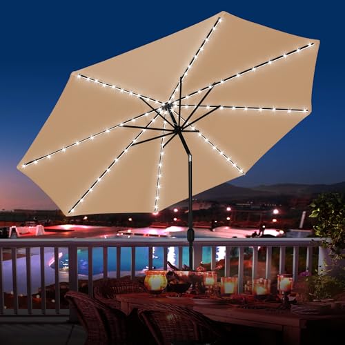 Sundale Outdoor Olefin 5-Year-Non-Fading Solar 88 LED 10FT Solar Patio Umbrella with Sand Bag Base, Outdoor Umbrella with Tilt and Crank, Tan - color: Tan, size: 10FT