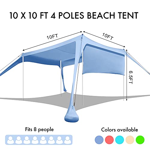 Beach Canopy Tent Shade with Sidewalls 10x10FT, 6.6FT Tall, UPF50+ Sun Shelter, Windproof & Water Resistant, Includes Guylines Sand Shovel Stability Poles, Easy Up for Beach Outdoor Camping Backyard - color: Blue