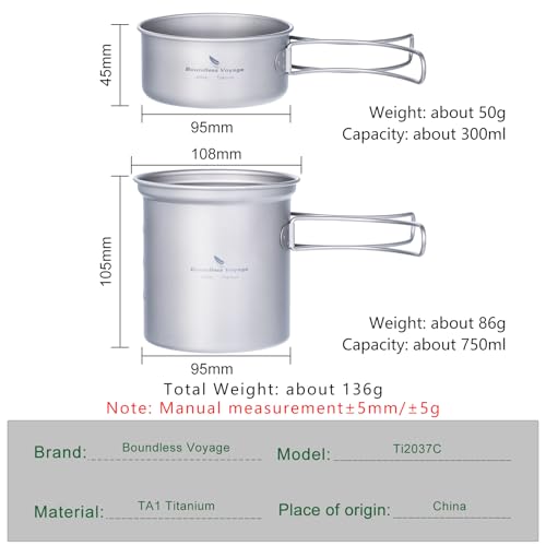 iBasingo Backpacking Cookset Titanium Camping Pots Set Ultralight Outdoor Picnic Pots Pans with Folding Handle Druable Portable Cooking Mess Kit Compact Picnic Dishes Bowls Cups (Multiple Sizes) - color: Ti2037C(750ML+300ML)